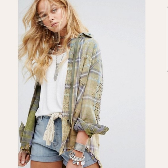 Free People Jackets & Blazers - Free People Multicolored Distressed Shirt Jacket